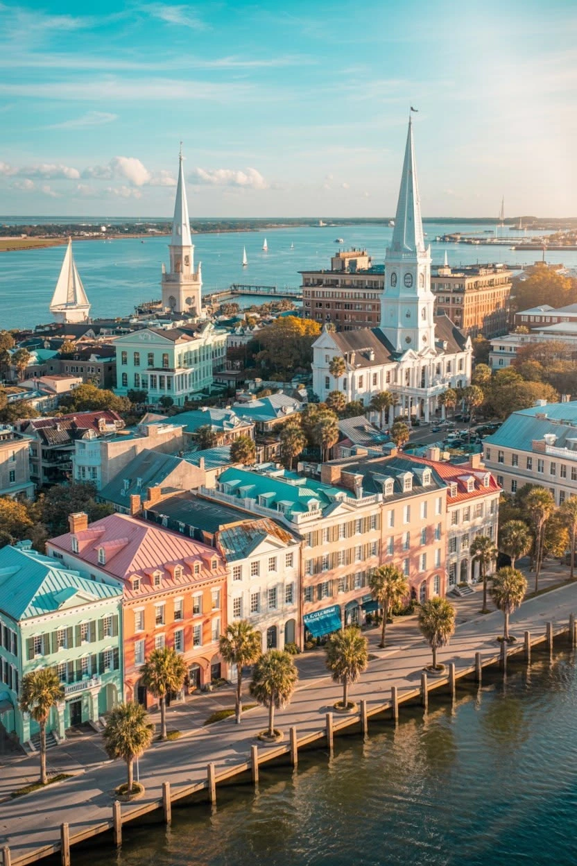 Aerial view of Charleston's historic waterfront and Rainbow Row at golden hour